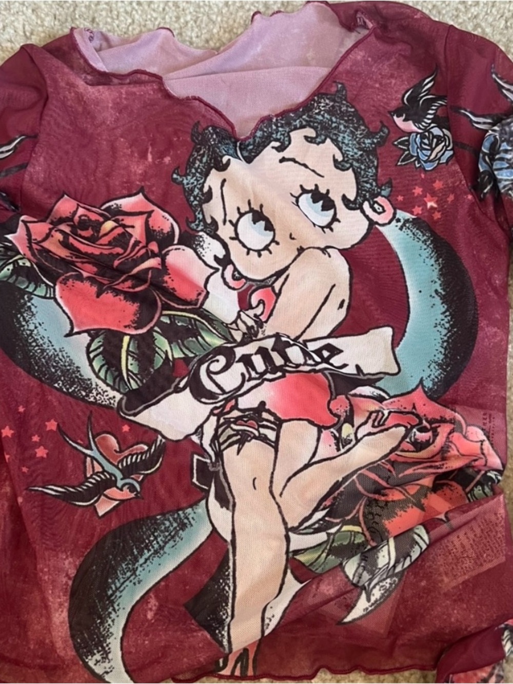Betty Boop Graphic Mesh Top in Burgundy with Pink Accents